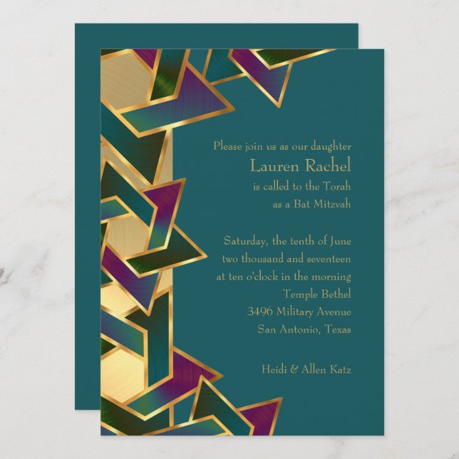 Convite Bat Mitzvah Purple Teal Star de David a Qualquer C (Frente/Verso)