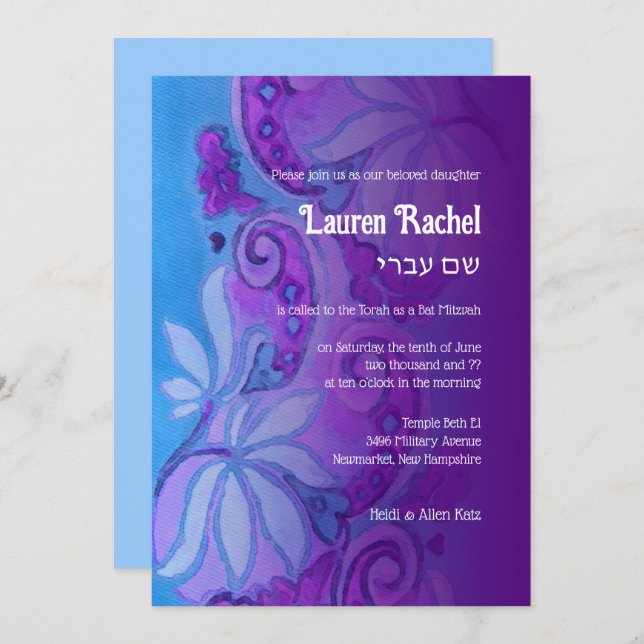 Convite Bat Mitzvah Purple Turquoise Blue Bohemian Floral (Frente/Verso)
