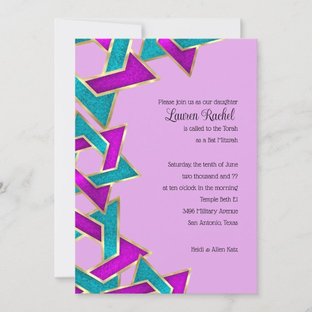 Convite Bat Mitzvah Purple Turquoise Star de David (Frente)