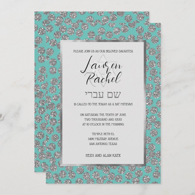 Convite Bat Mitzvah Qualquer Cor com Pontos Brilhantes Pra (Frente/Verso)