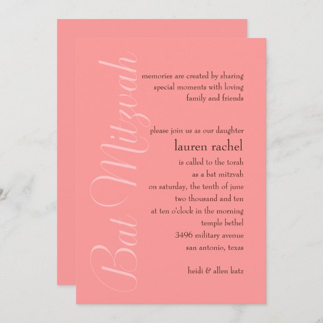 Convite Bat Mitzvah Qualquer Cor Simples (Frente/Verso)