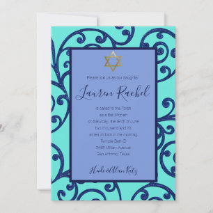 Convite Bat Mitzvah Qualquer Design de Rolagem Azul Cor