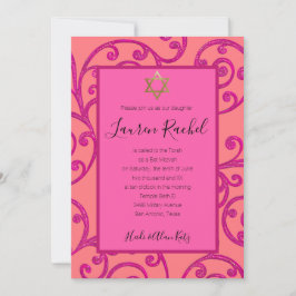 Convite Bat Mitzvah Qualquer Design de Rolagem Cor Rosa