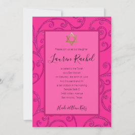 Convite Bat Mitzvah Qualquer Design de Rolagem Cor Rosa