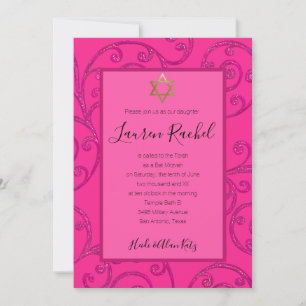 Convite Bat Mitzvah Qualquer Design de Rolagem Cor Rosa