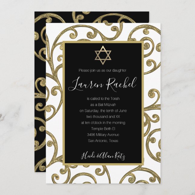 Convite Bat Mitzvah Qualquer Design de rolagem Dourada a c (Frente/Verso)