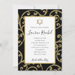 Convite Bat Mitzvah Qualquer Design de rolagem Dourada a c