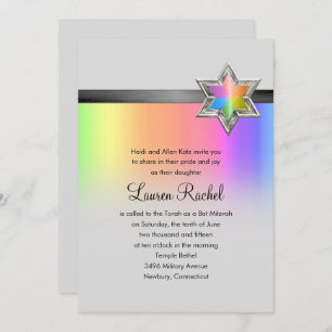 Convite Bat Mitzvah Rainbow e Black Ribbon Silver Star