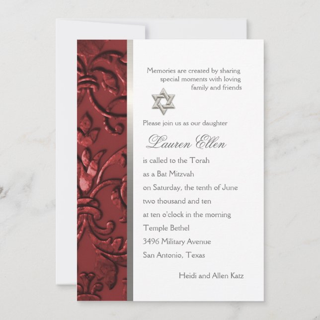 Convite Bat Mitzvah Red "Embossed" Damask (Verso)