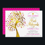 Convite Bat Mitzvah Red Gold Tree of Life Modern Bold<br><div class="desc">Tenha orgulho, alegria e mostre este marco do seu Bat Mitzvah favorito! Esta falso folha de ouro gráfica com cor-de-rosa cintilante, laranja e Estrela vermelha de David e "folhas" de ponto em fundo branco é o convite perfeito para esta ocasião especial. Uma pequena estrela vermelha escura do padrão David sobre...</div>