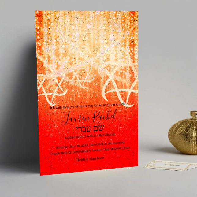 Convite Bat Mitzvah Red Orange Dourado Luzes Esparsas (Criador carregado)