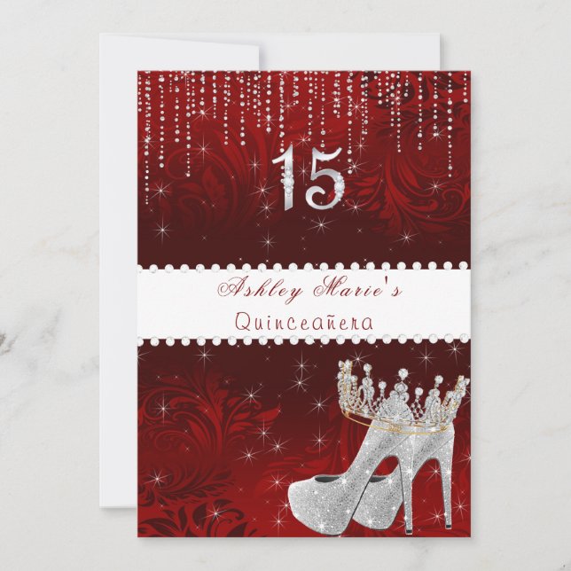 Convite Bat Mitzvah Red Satin Princesa Diamantes Invi (Frente)