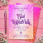 Convite Bat Mitzvah Retro Boho Cor-de-Laranja Cor-de-Rosa<br><div class="desc">Tenha orgulho, alegria e mostre este marco do seu Bat Mitzvah favorito com este divertido convite personalizado! Diversão, tendências, ousada tipografia rosa-quente e roxa escura com a tipografia sans serif moderna sobrepõe-se a um fundo de raios laranja-claro-pop e verde-claro-cor-de-rosa com pontos brancos. No verso, uma estrela branca de David cobre...</div>