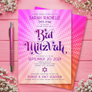 Convite Bat Mitzvah Retro Boho Rosa Laranja Gradiente Ousa