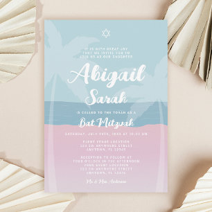 Convite Bat Mitzvah Rosa Azul Tropical Praia Palmeiras