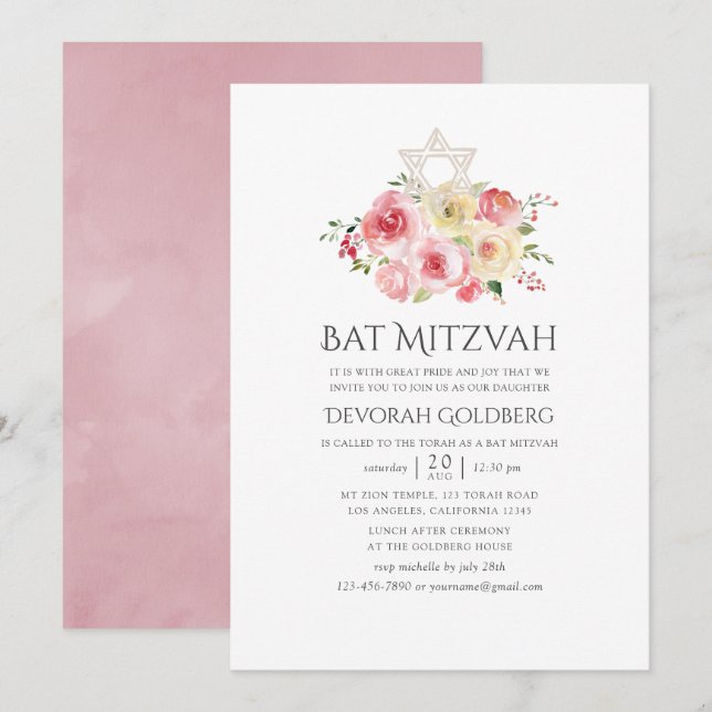 Convite Bat Mitzvah Rosa Bege e Amarelo Floral (Frente/Verso)