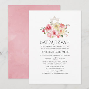 Convite Bat Mitzvah Rosa Bege e Amarelo Floral