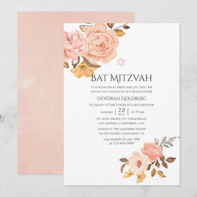Convite Bat Mitzvah Rosa Bege e Floral Dourado (Frente/Verso)
