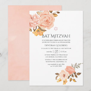 Convite Bat Mitzvah Rosa Bege e Floral Dourado