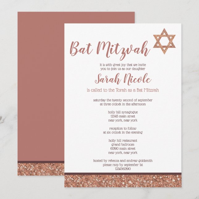 Convite Bat Mitzvah Rosa Chic Elegant Faux Glitter (Frente/Verso)