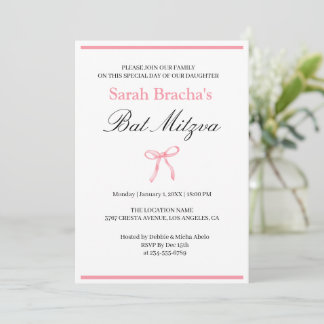 Convite Bat Mitzvah Rosa Coquete Laço Aquarela