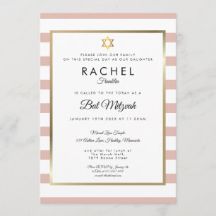Convite Bat Mitzvah Rosa Dourado E Listra Branca