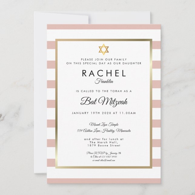 Convite Bat Mitzvah Rosa Dourado E White Stripe (Frente)