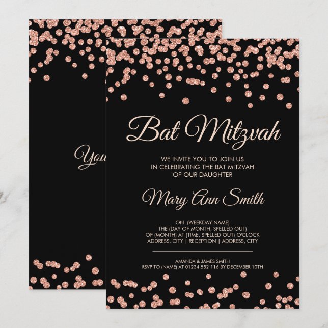Convite Bat Mitzvah Rosa Dourado Faux Glitter Confetti Pre (Frente/Verso)