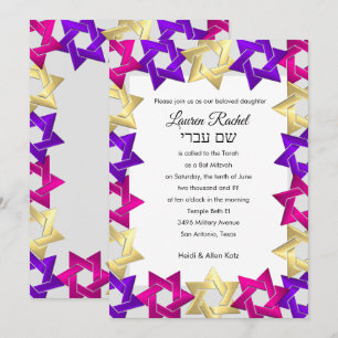 Convite Bat Mitzvah Rosa Dourado Roxo Estrela em Qualquer 