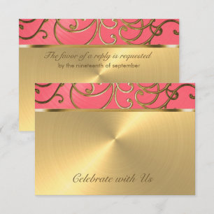 Convite Bat Mitzvah Rosa e Dourado com Filigrana Ondulada