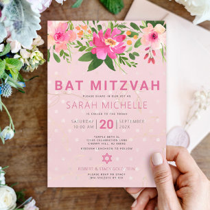 Convite Bat Mitzvah Rosa Floral Moderna Simples em Aquarel