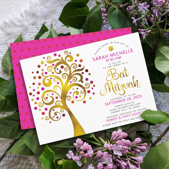 Convite Bat Mitzvah Rosa Folha de Ouro Script Árvore da Vi (Criador carregado)