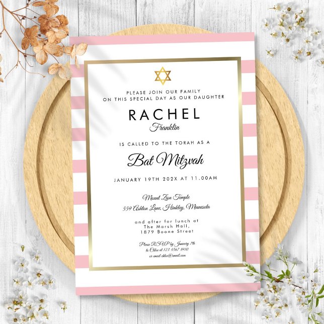 Convite Bat Mitzvah Rosa Listra Branca Estrela de Davi Dou (Bat Mitzvah Pink White Stripe Gold Star of David Invitation)