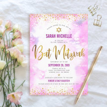 Bat Mitzvah rosa moderno glitter dourado aquarela