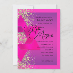 Convite Bat Mitzvah Rosa Ombre Púrpura Dourado Brilhante