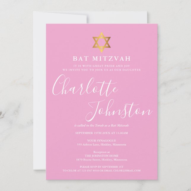 Convite Bat Mitzvah Rosa Script Elegante (Frente)