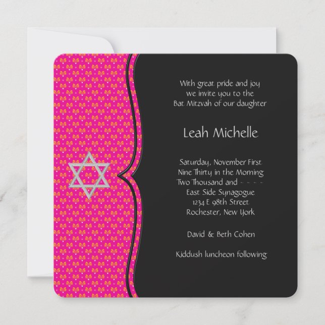 Convite Bat Mitzvah Rosa Vibrante (Frente)
