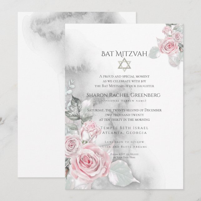 Convite BAT MITZVAH | Rosas de Aquarela Rosa Elegante (Frente/Verso)