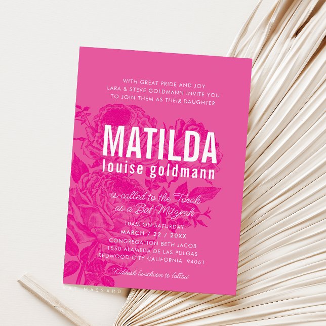 Convite BAT MITZVAH rosas elegantes modernos, cor-de-rosa  (Criador carregado)