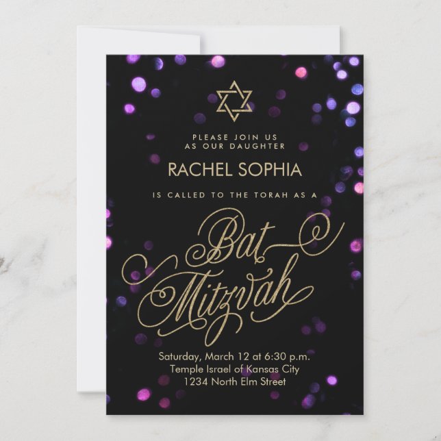 Convite Bat Mitzvah | Roxo Elegante e Dourado (Frente)