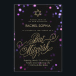 Convite Bat Mitzvah | Roxo Elegante e Dourado<br><div class="desc">O confete de buracos cintilantes brilha em cor-de-rosa translúcida, roxo e azul ao fundo deste glamouroso convite de Bat Mitzvah, com uma estrela de folha dourada falsa de David e um marcador de brilho dourado "Bat Mitzvah" num roteiro de rico com muitos florescimento. Por favor, note que NÃO é folha...</div>