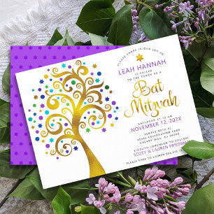 Convite Bat Mitzvah Roxo Folha Dourada Árvore da Vida Mode