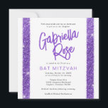 Convite Bat Mitzvah Roxo Texto Mínimo Moderno Moderno<br><div class="desc">Bat Mitzvah, um convite moderno, simples e mínimo para riscas de brilho roxo, com um nome divertido e audacioso para a escrita de pincel de caligrafia e design de tipografia elegante para uma celebração típica de mitzvah. Todos os textos, cores e fontes podem ser editados com a Ferramenta Modelo Design....</div>