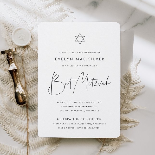 Convite Bat Mitzvah, Script Manuscrito Moderno Minimalista (Criador carregado)