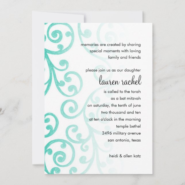 Convite Bat Mitzvah Scroll Pattern Aqua (Frente)
