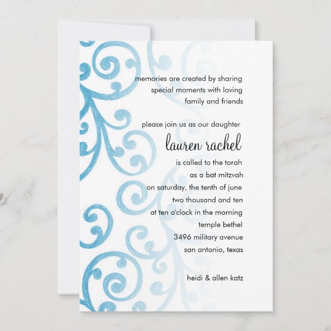 Convite Bat Mitzvah Scroll Pattern Turquoise (Frente)