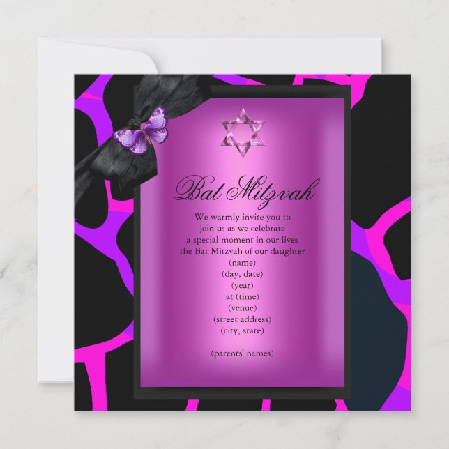 Convite Bat Mitzvah Selvagem Rosa Roxo Borboleta (Frente)