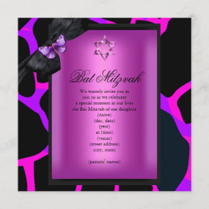 Convite Bat Mitzvah Selvagem Rosa Roxo Borboleta