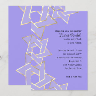 Convite Bat Mitzvah Sheer Dourada Star de David a Qualquer
