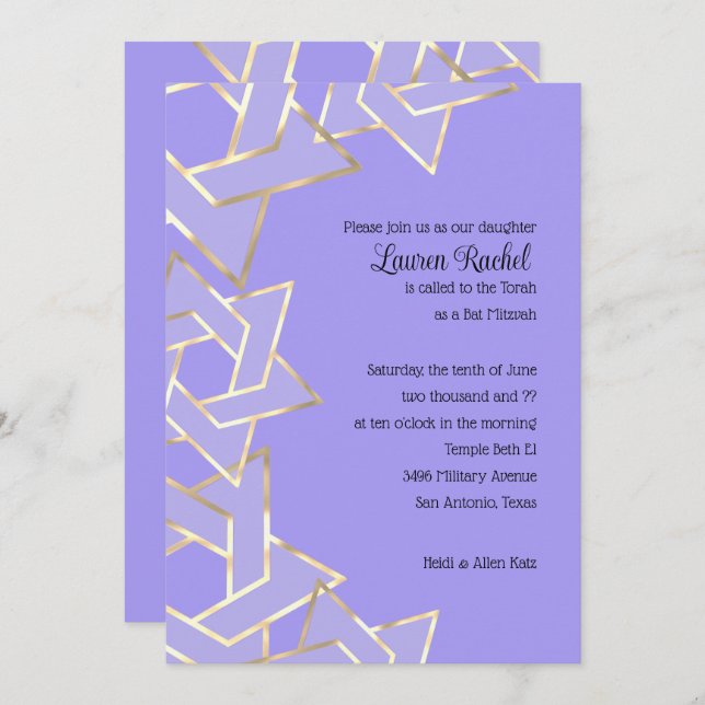 Convite Bat Mitzvah Sheer Dourada Star de David a Qualquer (Frente/Verso)